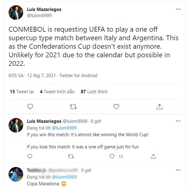 NHM Argentina muốn đặt tên cho trận đấu là Copa Maradona